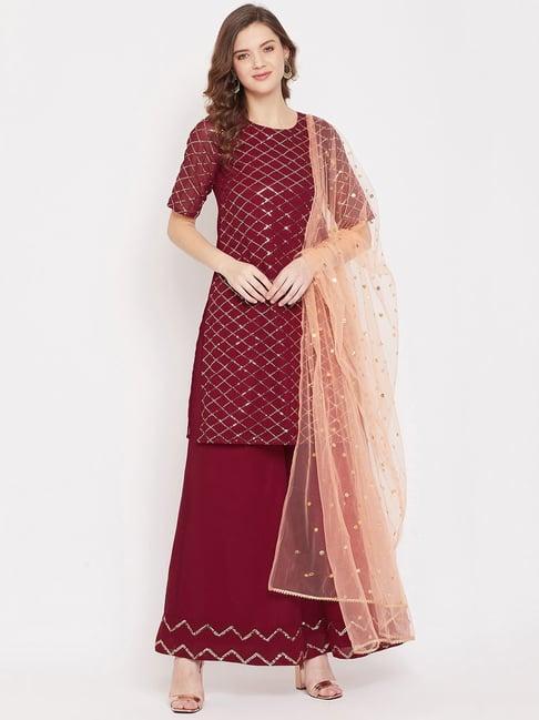 panit maroon embellished kurta with sharara & dupatta set