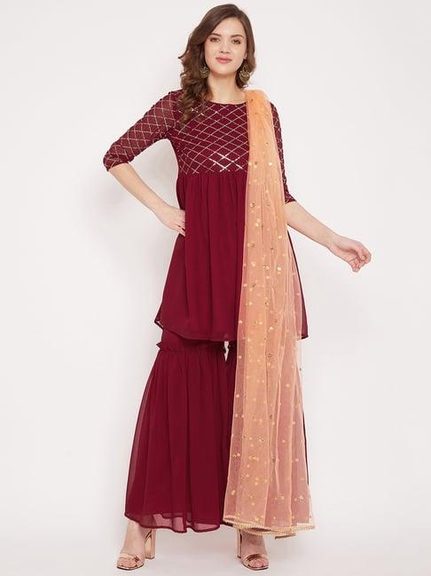 panit maroon embellished kurta with sharara & dupatta set