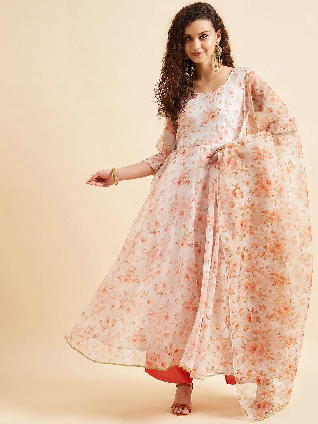 panit off-white & orange floral printed gotta patti anarkali kurta with palazzos & dupatta