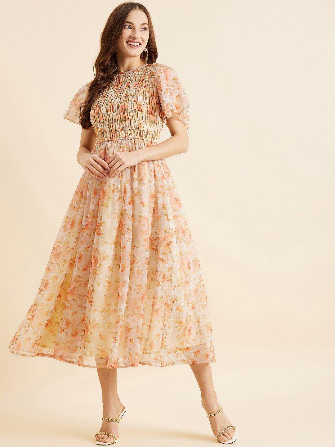 panit peach-coloured floral printed fit & flare midi dress