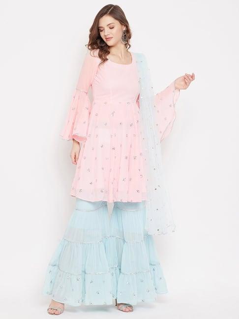 panit pink & blue embellished kurta with sharara & dupatta set