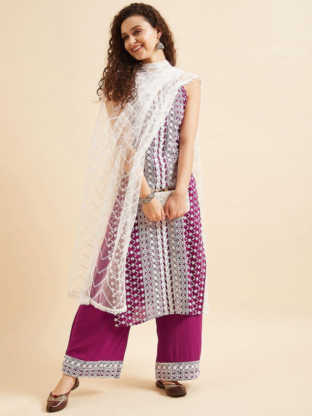 panit purple ethnic motifs embroidered thread work regular kurta with palazzos & dupatta