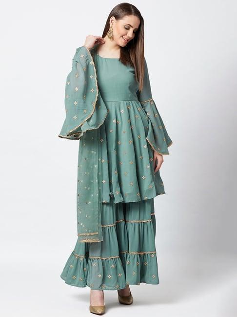 panit sea green embellished kurta & sharara set