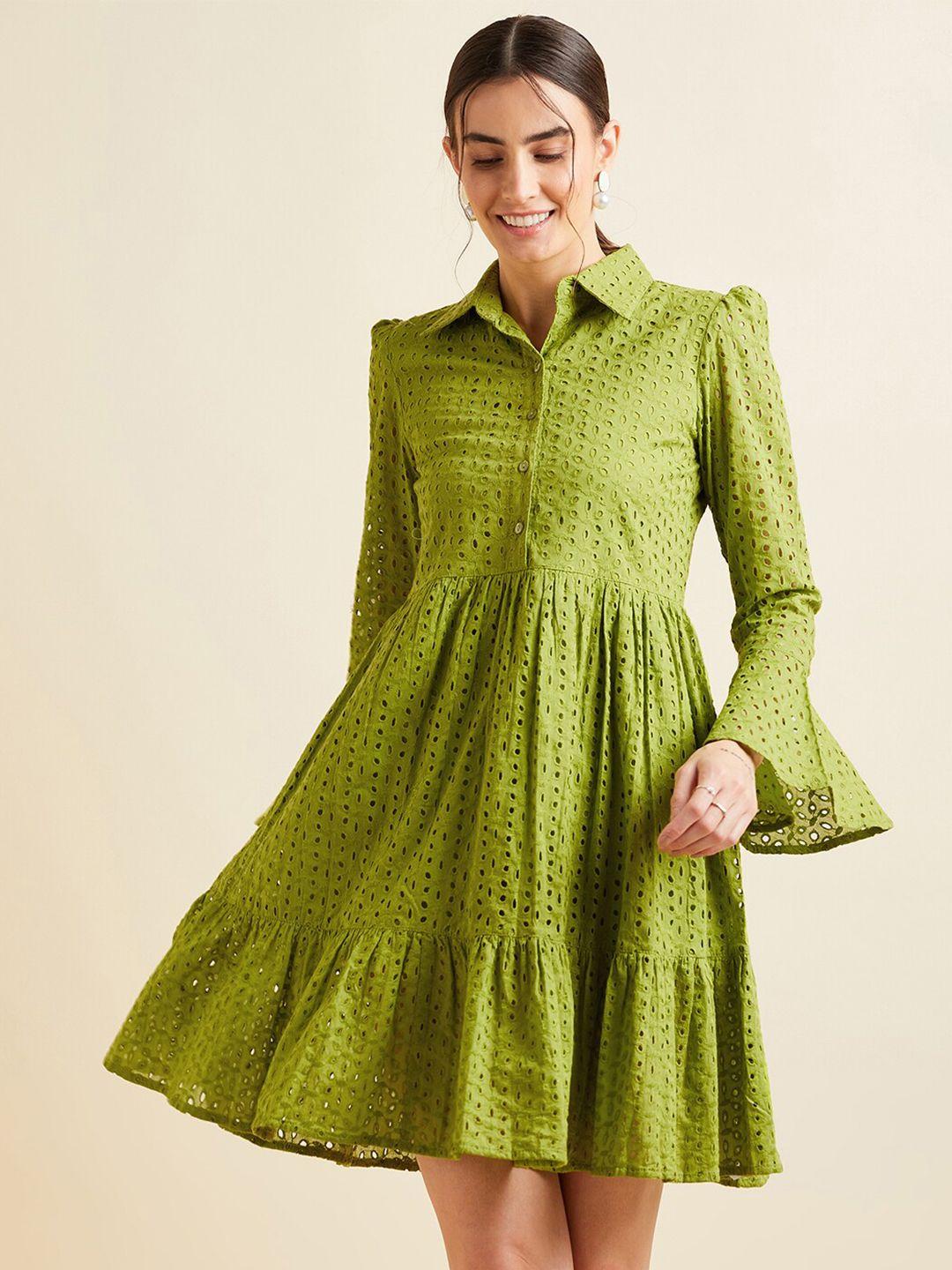 panit shirt collar bell sleeve ruffled schiffli cotton fit & flare above knee dress