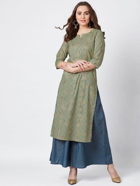 panit teal & green printed cotton kurta pant set