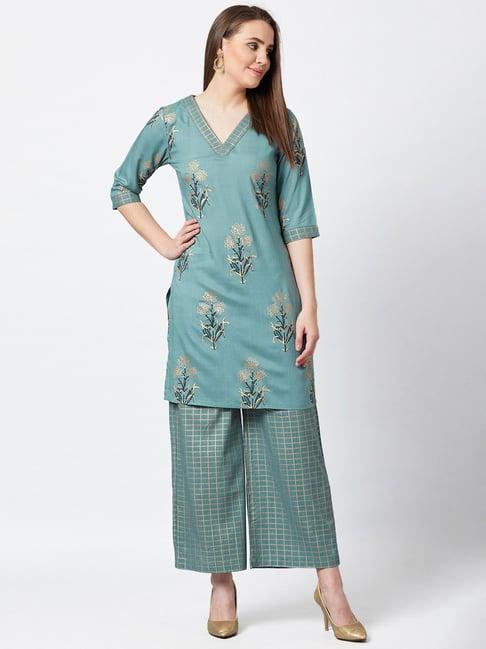 panit teal blue printed kurta & palazzo set