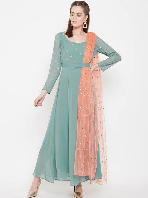 panit teal embellished fit & flare kurta