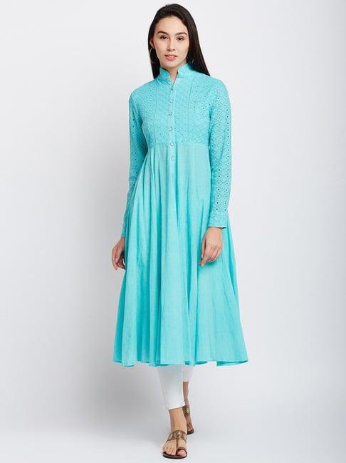 panit turquoise embroidered fit & flare kurta