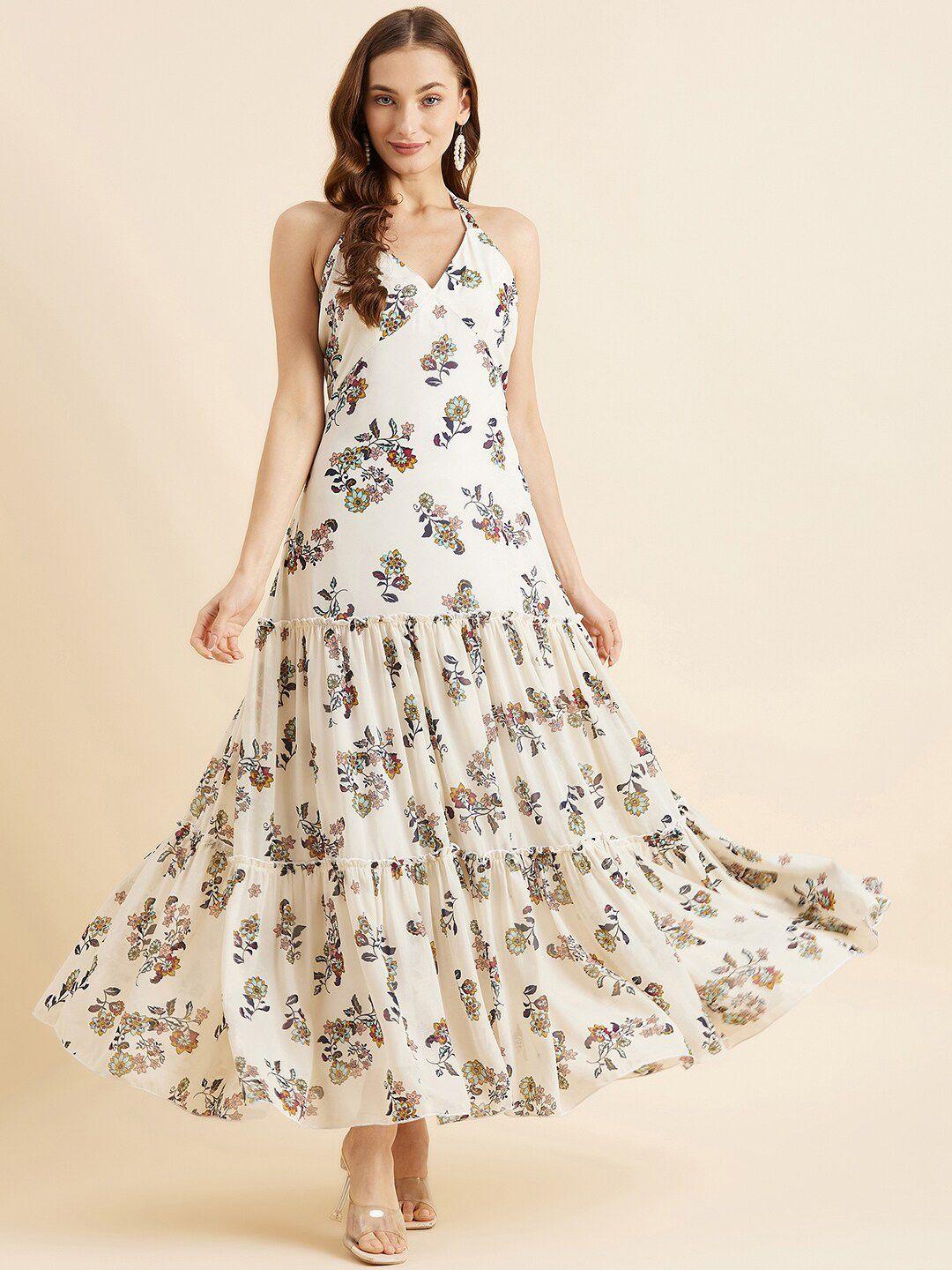 panit white floral printed georgette maxi dress