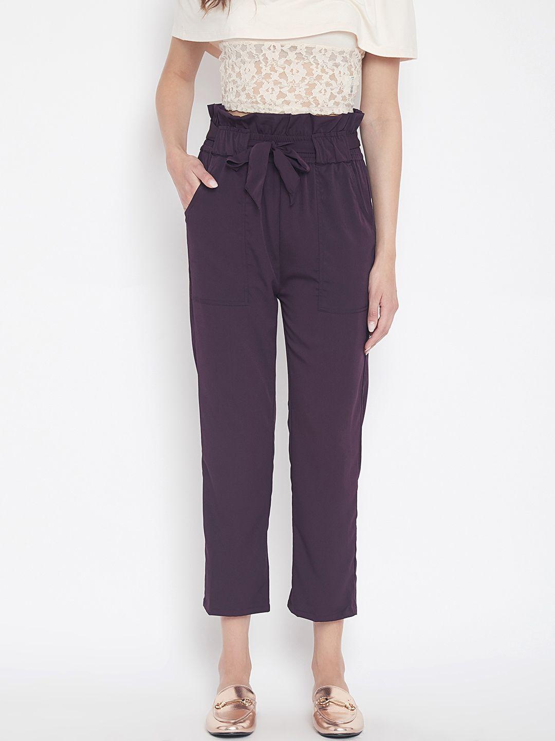 panit women aubergine regular fit solid cropped peg trousers