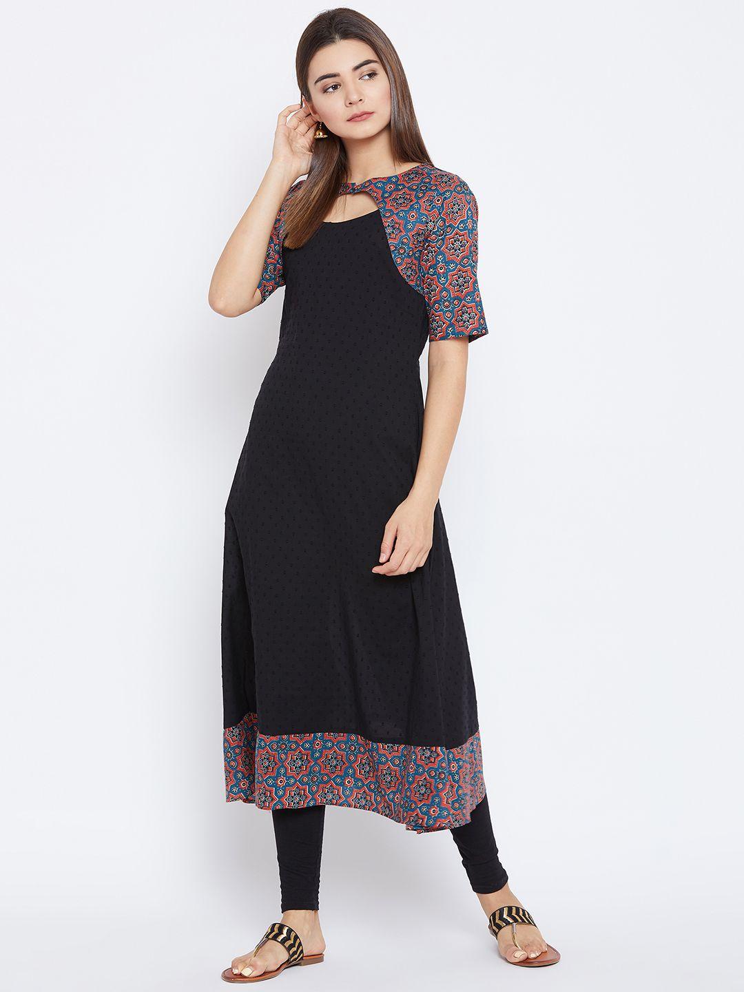 panit women black & blue printed a-line kurta