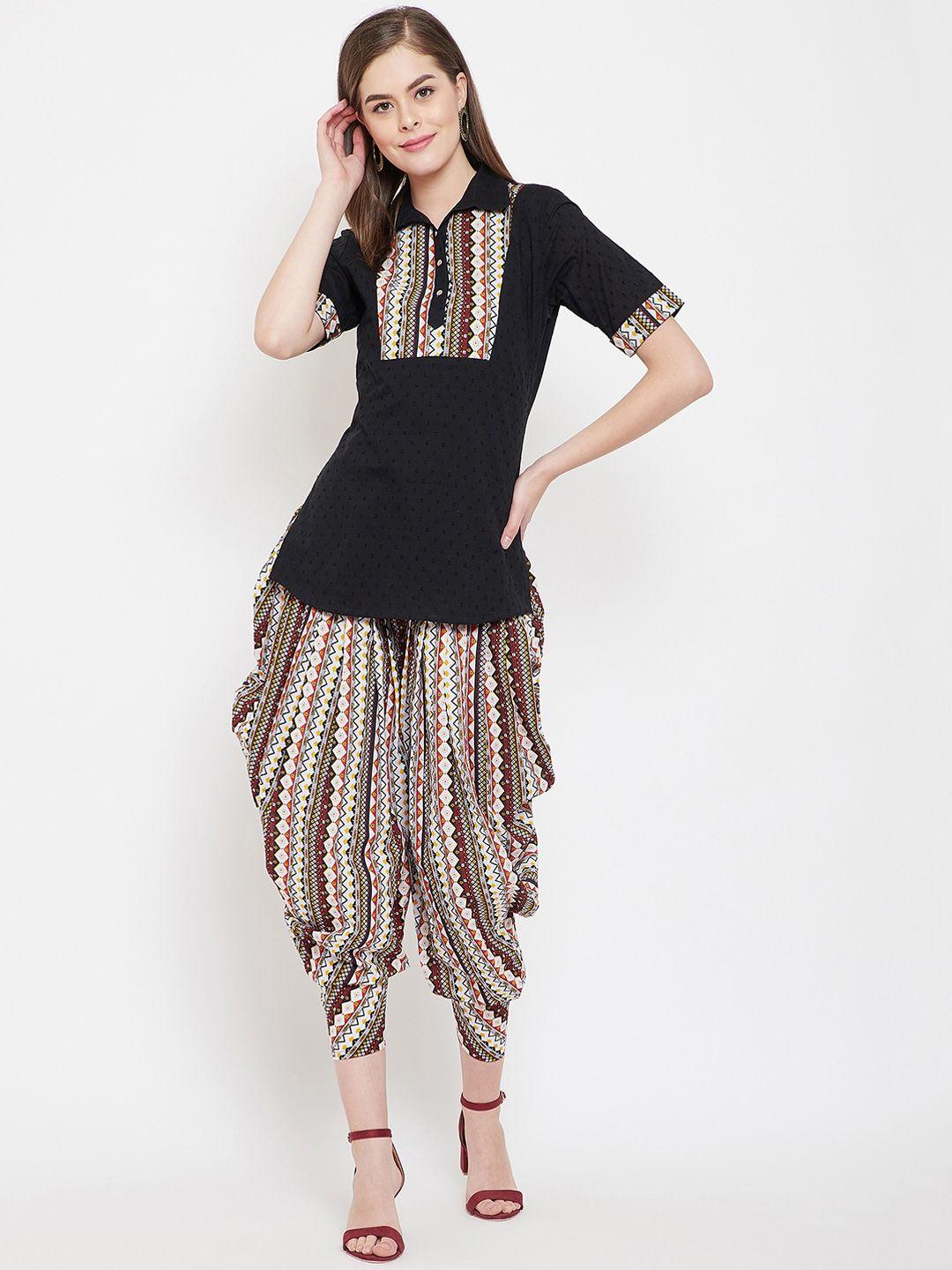 panit women black & cream-coloured printed kurta with dhoti pants