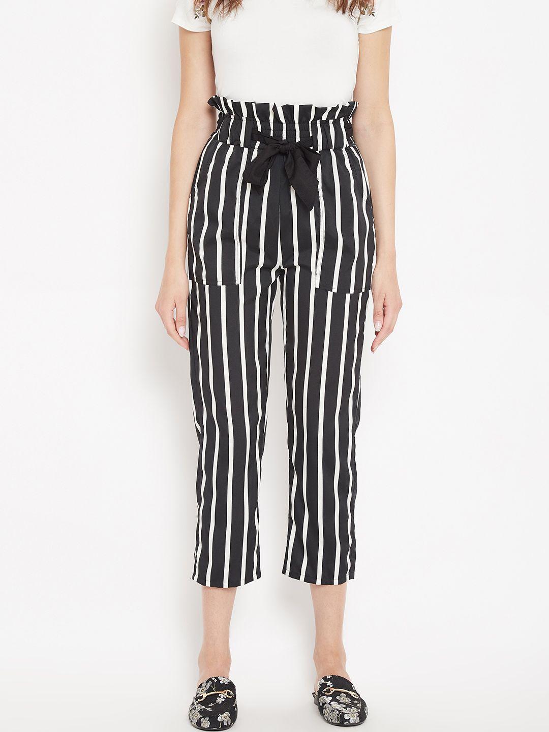 panit women black & off-white regular fit striped peg trousers