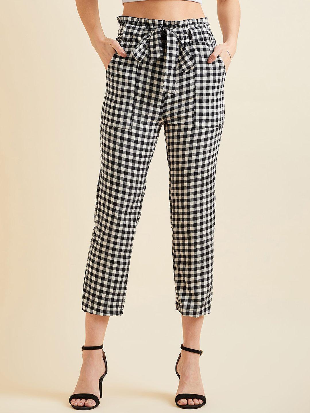 panit women black checked smart straight fit high-rise wrinkle free pleated trousers