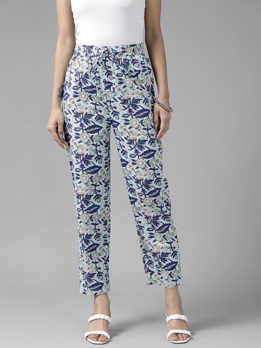 panit women blue & green cotton floral printed comfort fit trousers