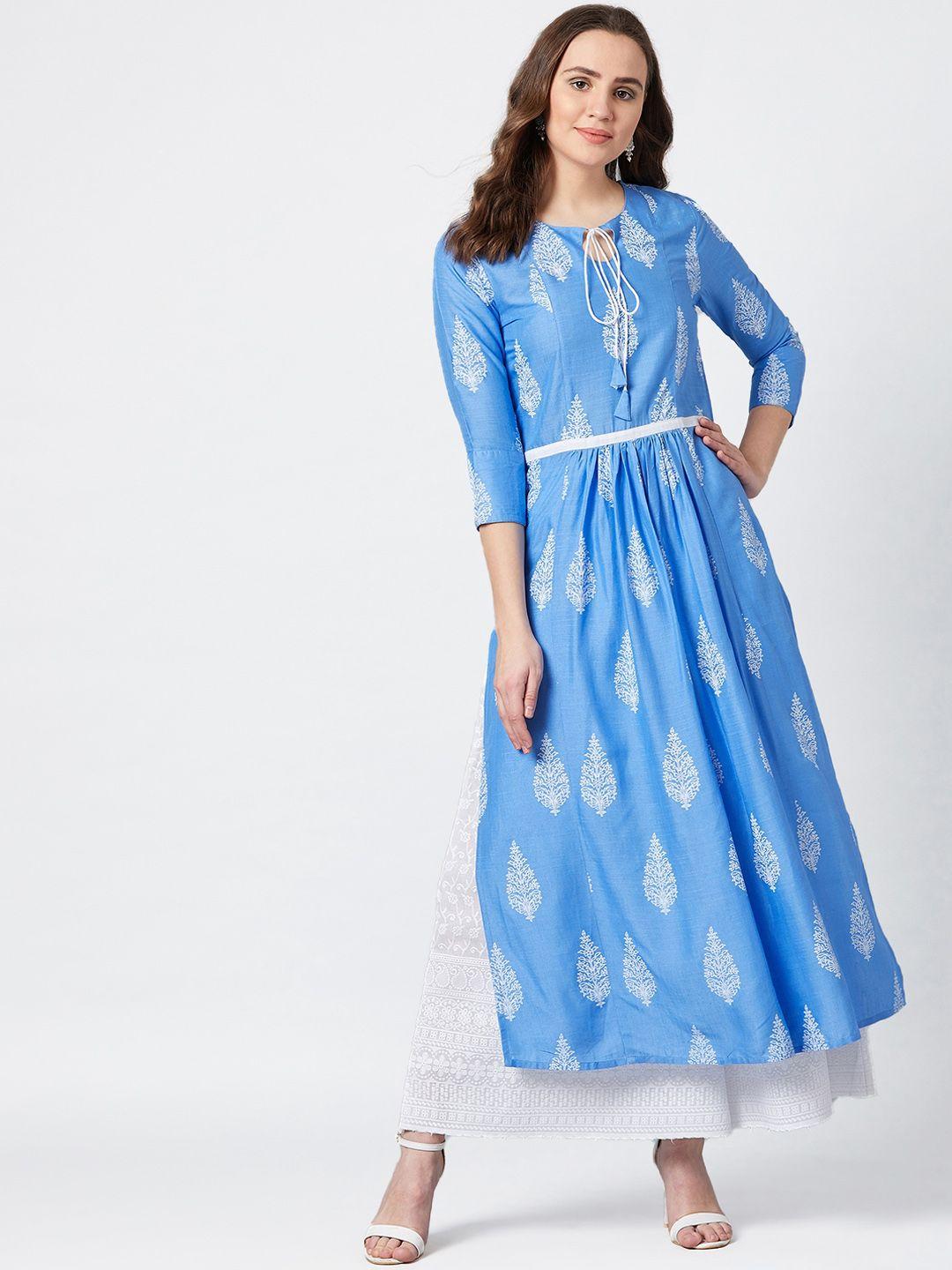 panit women blue & white floral print anarkali kurta