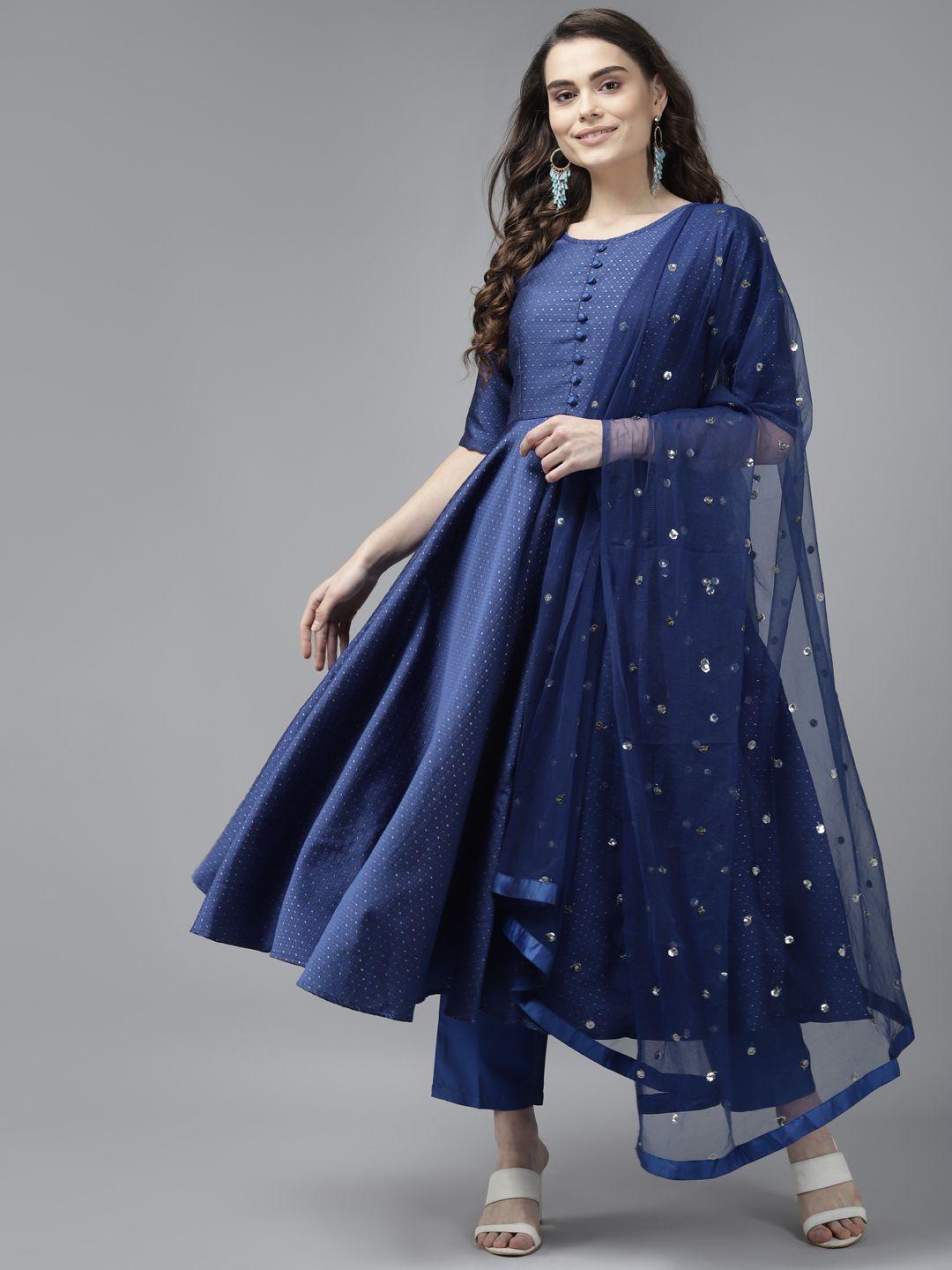 panit women blue ethnic motifs embroidered kurta with trousers & with dupatta