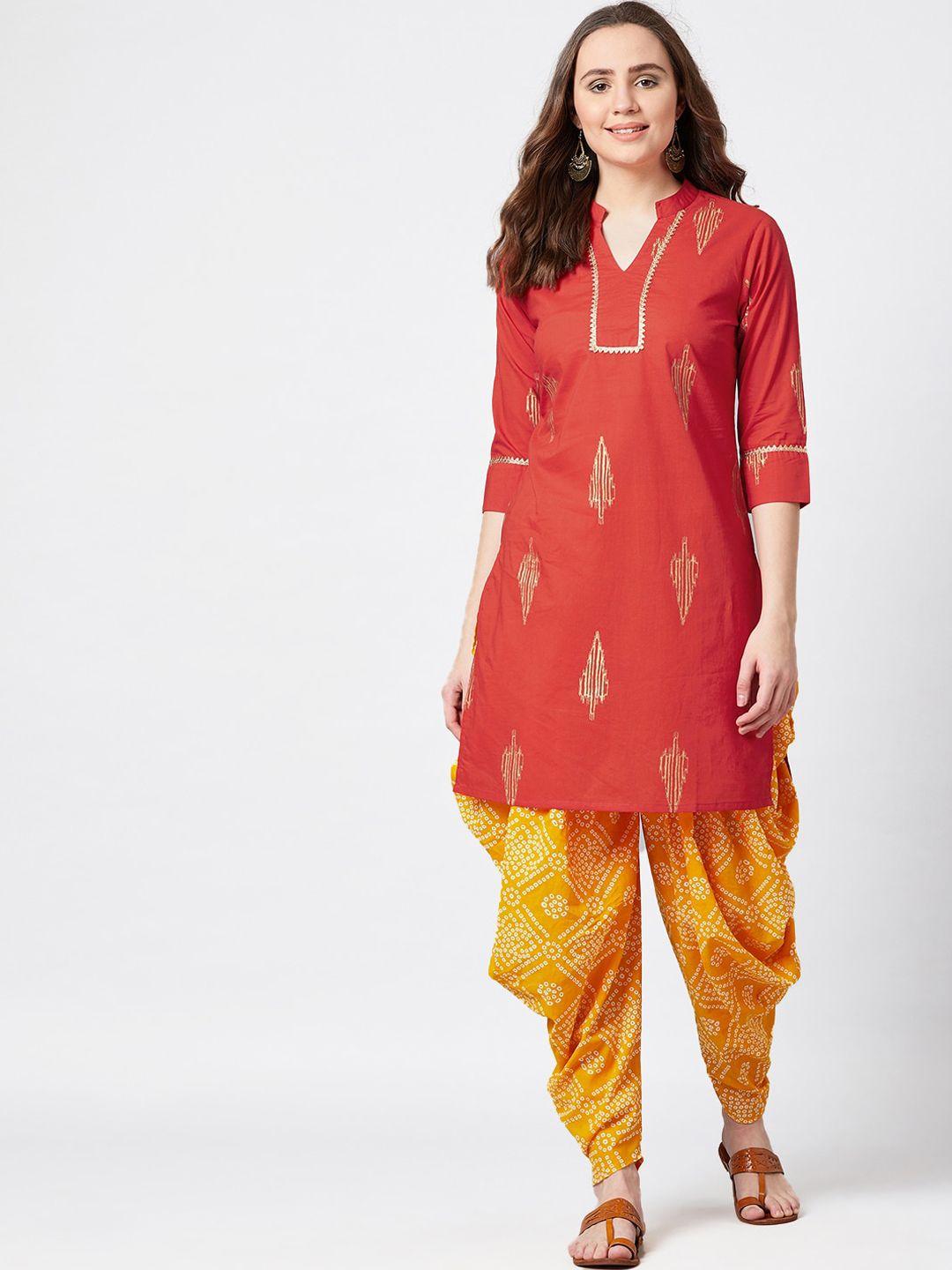 panit women coral red & yellow printed kurti with patiala