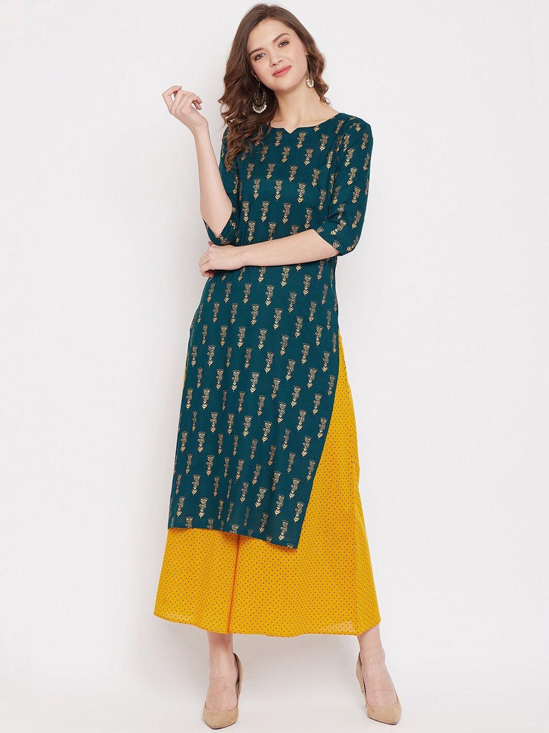 panit women green gold-toned printed straight kurta