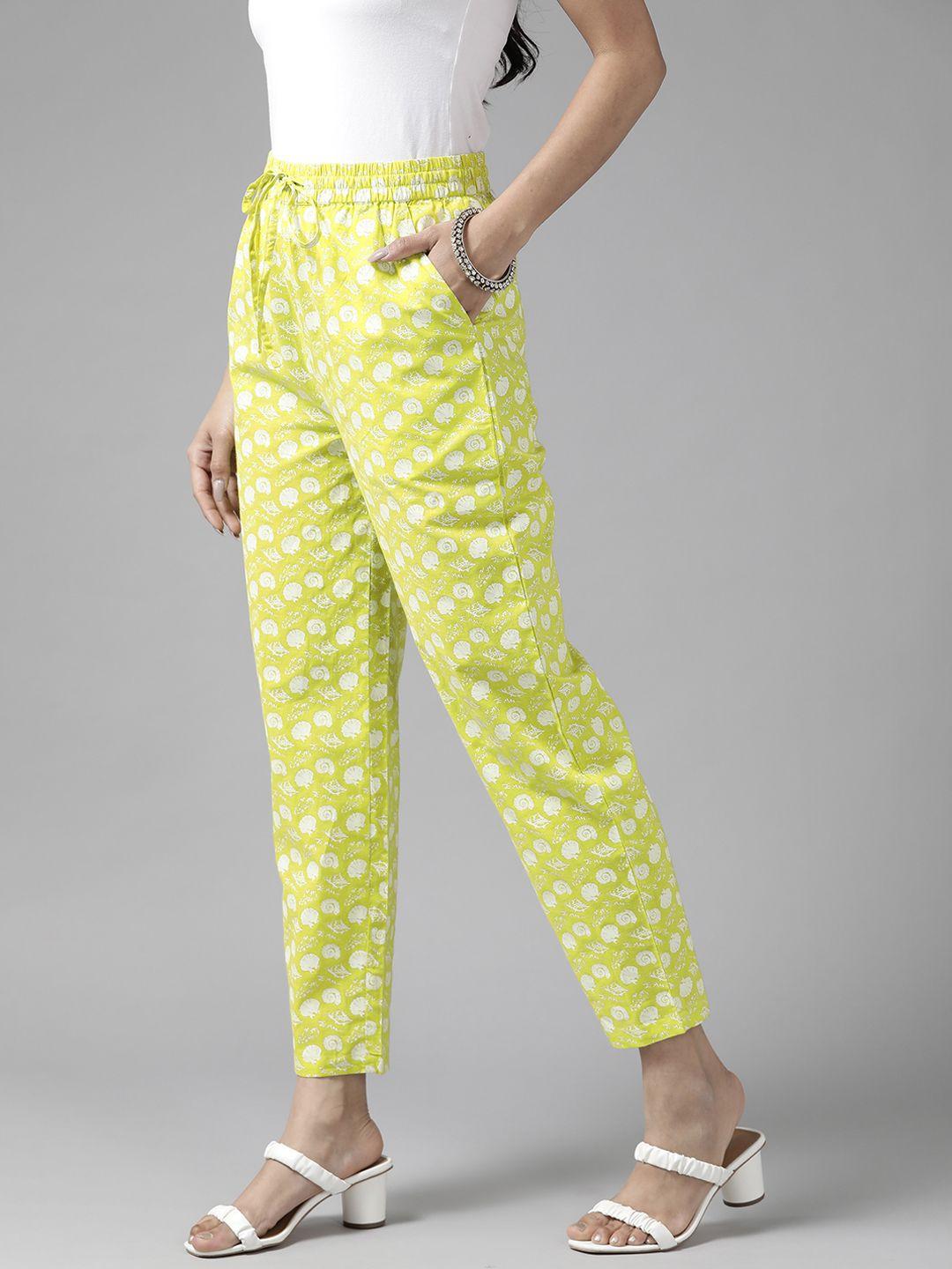 panit women lime green & white cotton ethnic motifs printed comfort fit trousers
