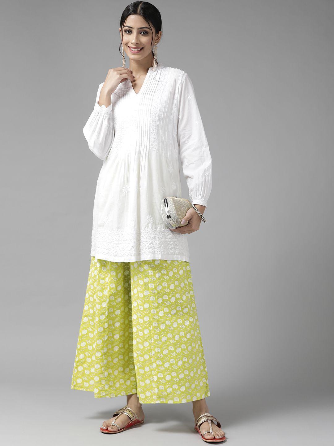 panit women lime green & white ethnic motifs printed cotton palazzos