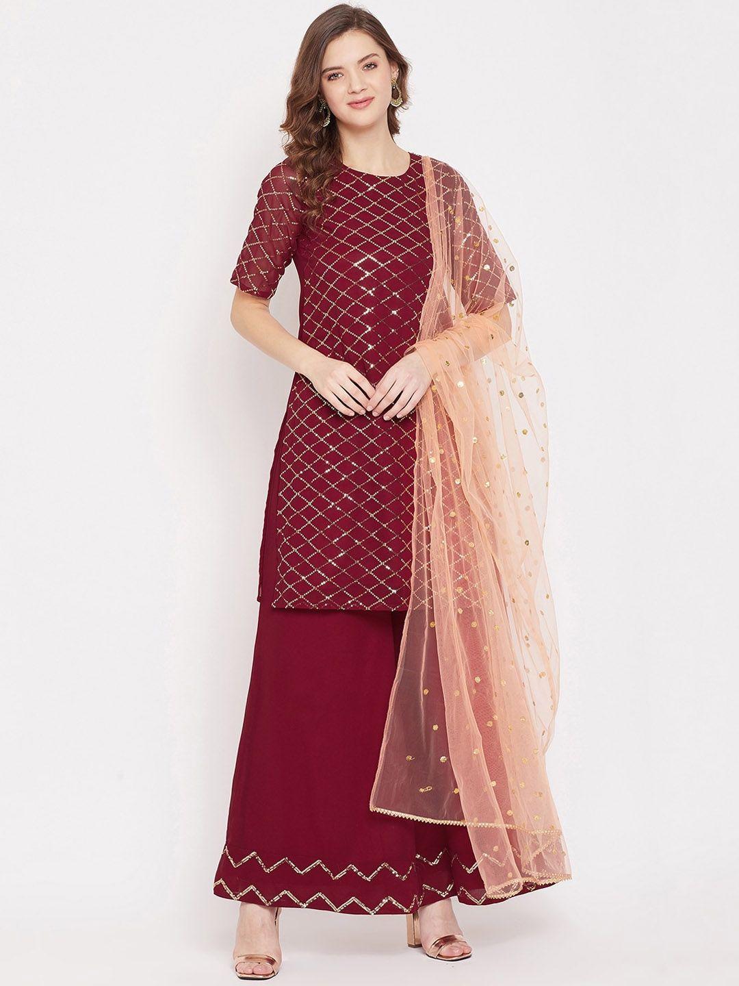 panit women maroon embroidered kurta with sharara & dupatta