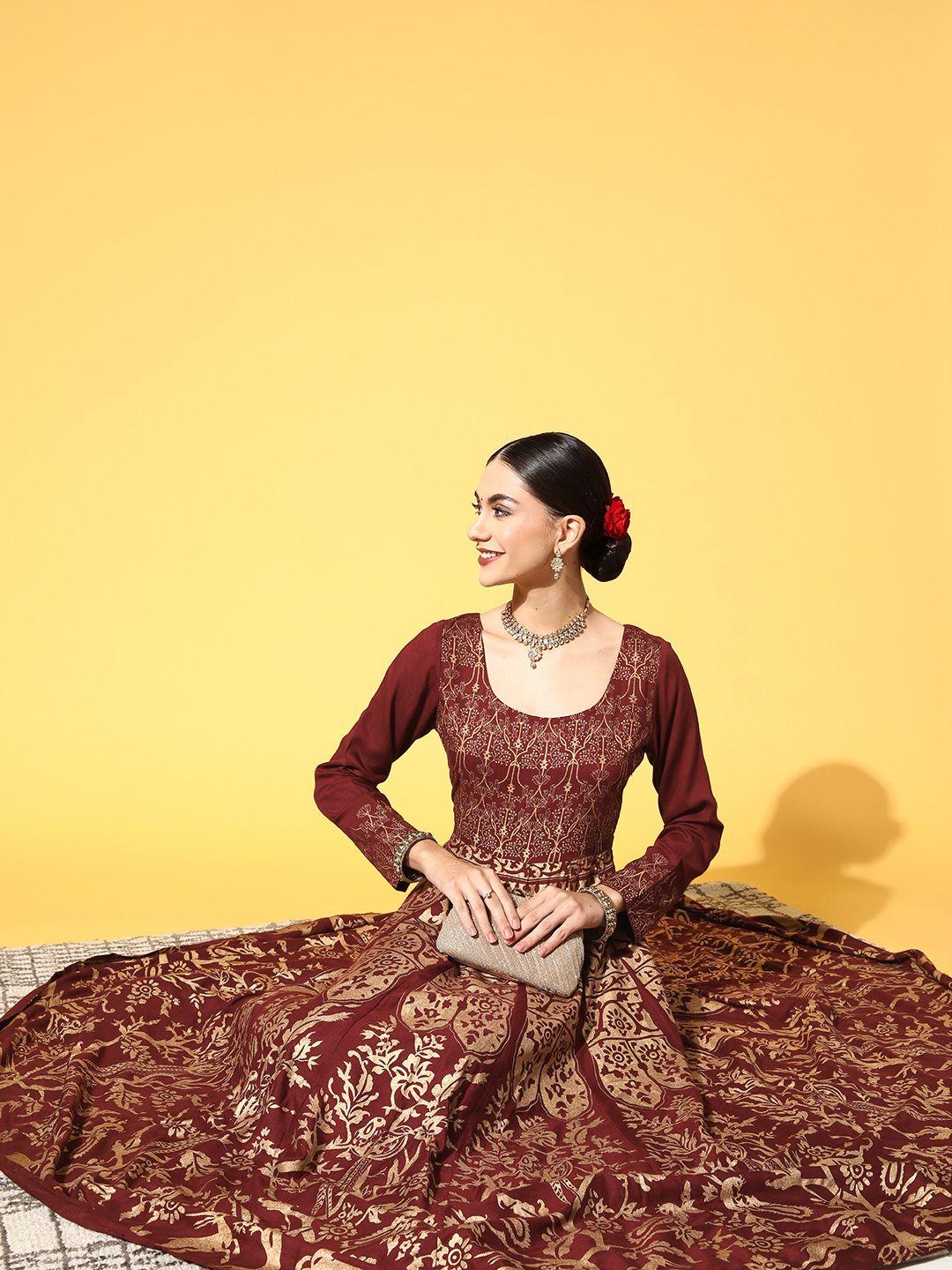 panit women maroon ethnic motifs swirling volume dress