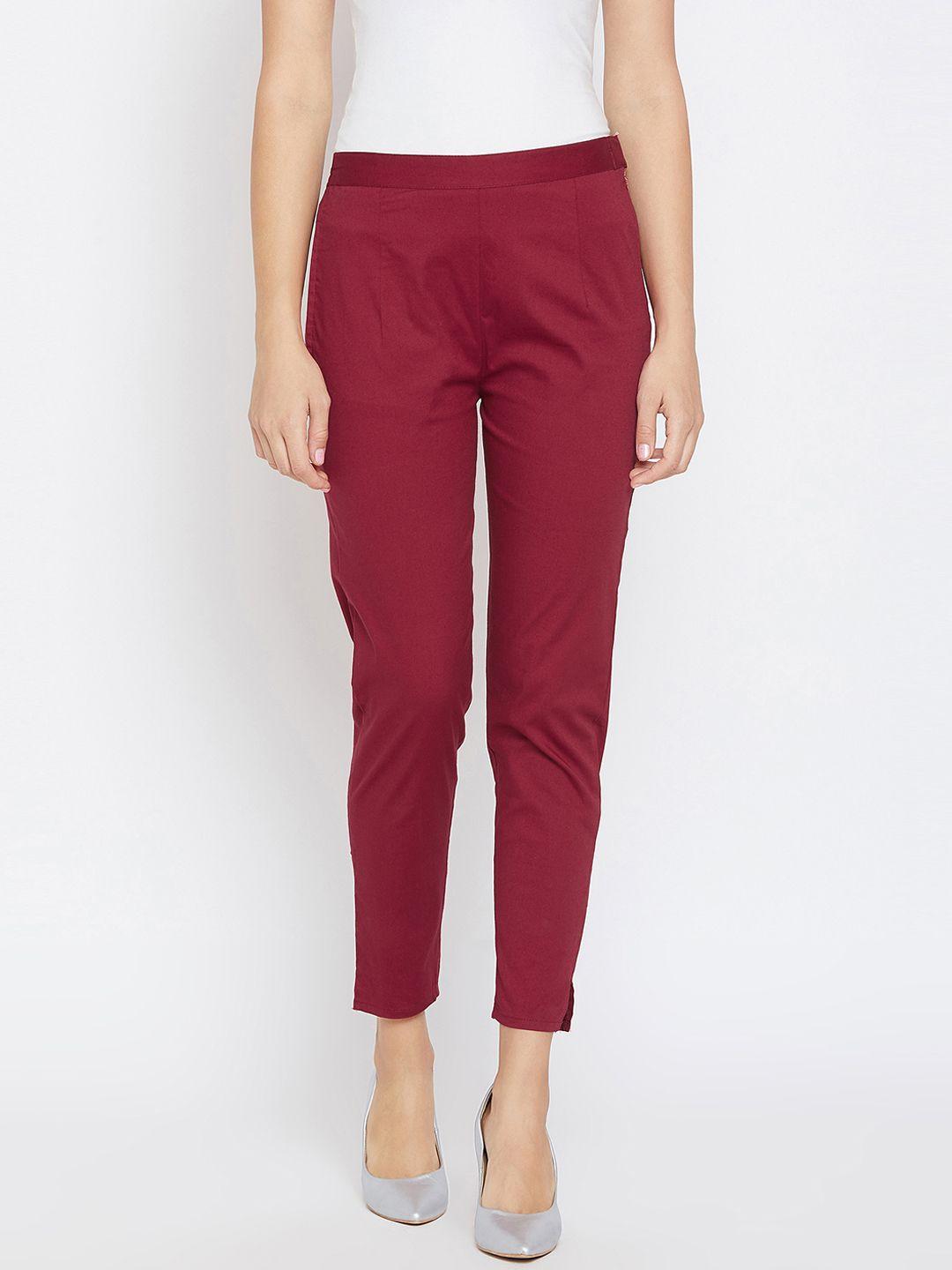 panit women maroon smart slim fit solid regular trousers