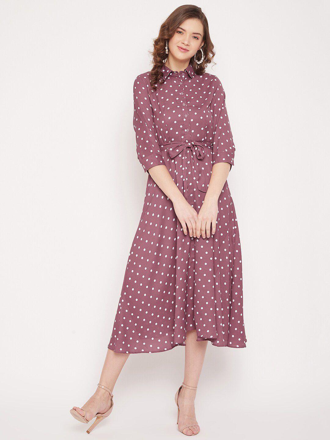 panit women mauve polka dots printed crepe shirt midi dress