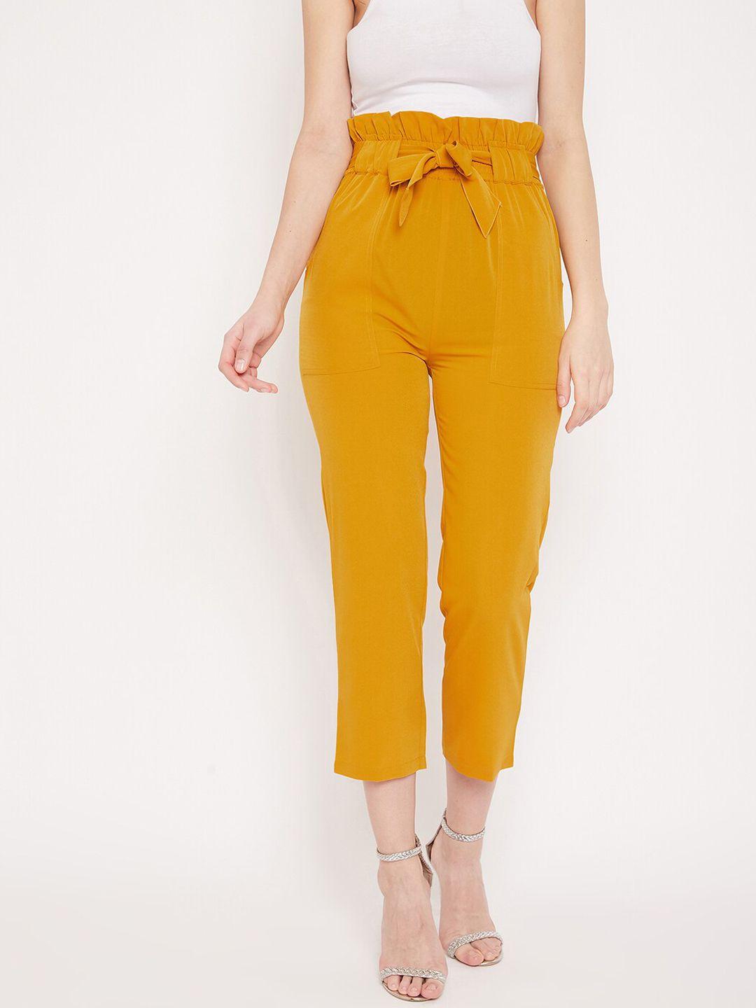 panit women mustard yellow regular fit solid regular trousers