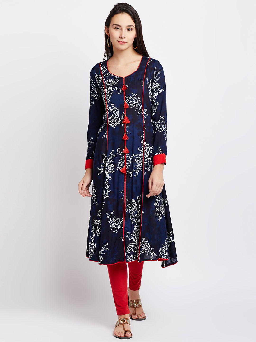 panit women navy blue & white printed a-line kurta