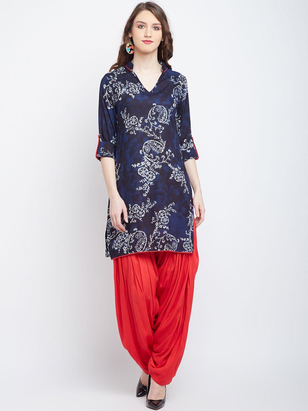 panit women navy blue & white printed kurti with patiala