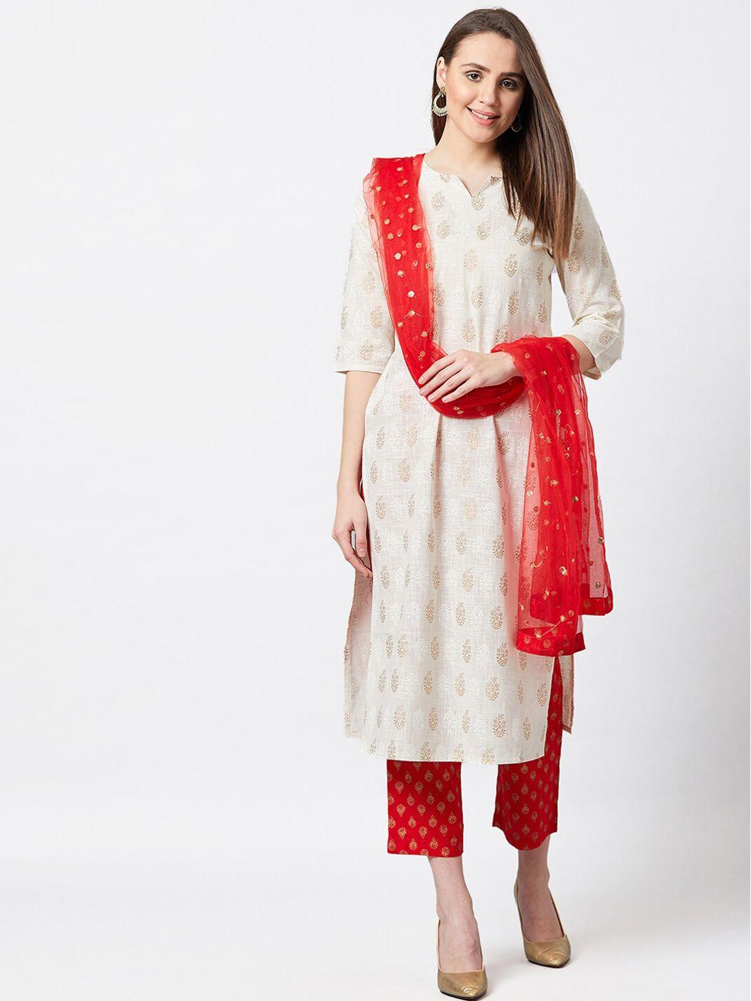 panit women off-white & red printed kurta with trousers & dupatta