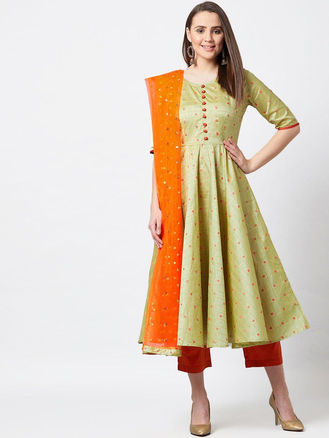 panit women olive green & coral red embroidered kurta with trousers & dupatta