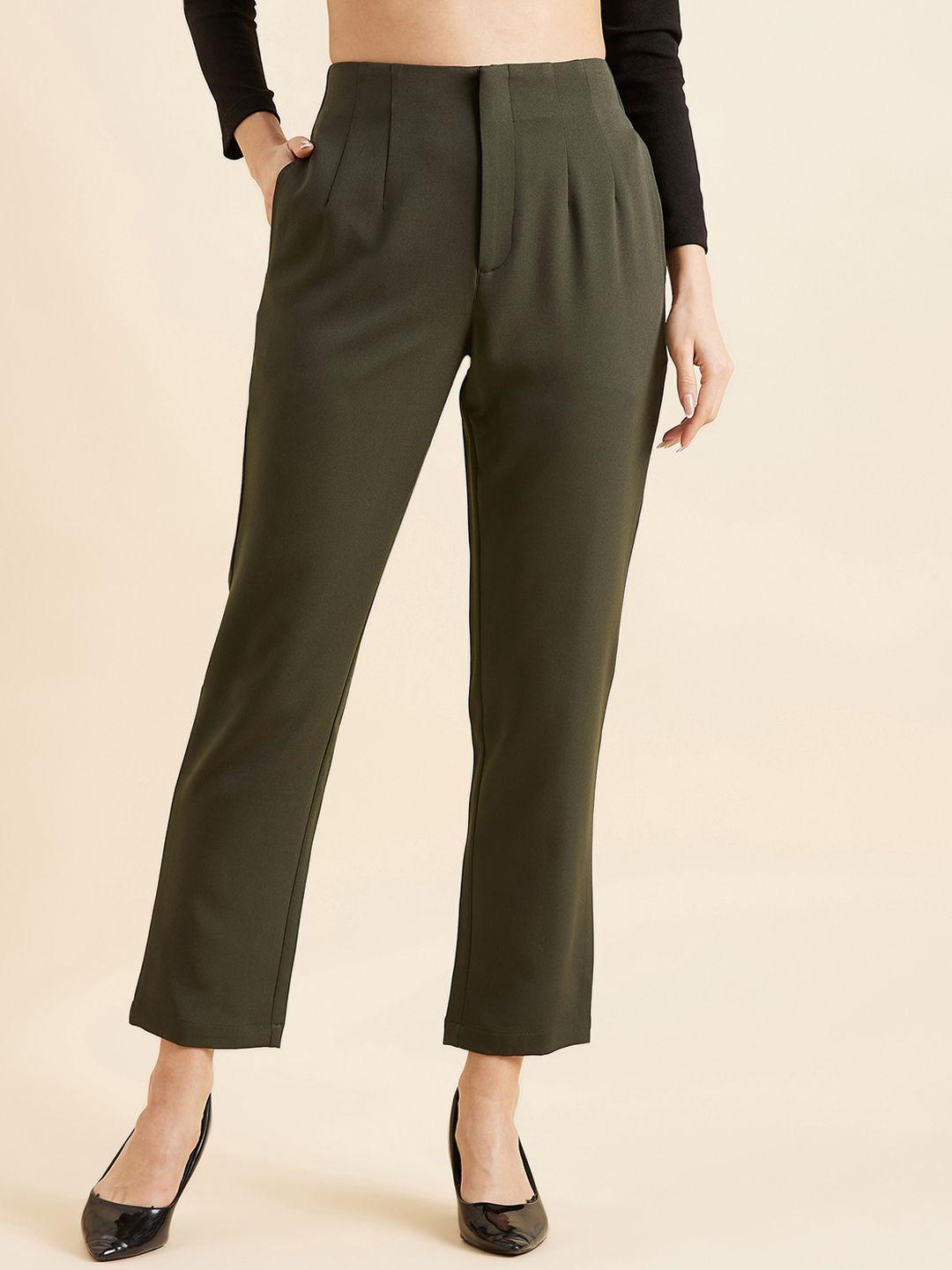 panit women olive green smart straight fit high-rise wrinkle free pleated trousers