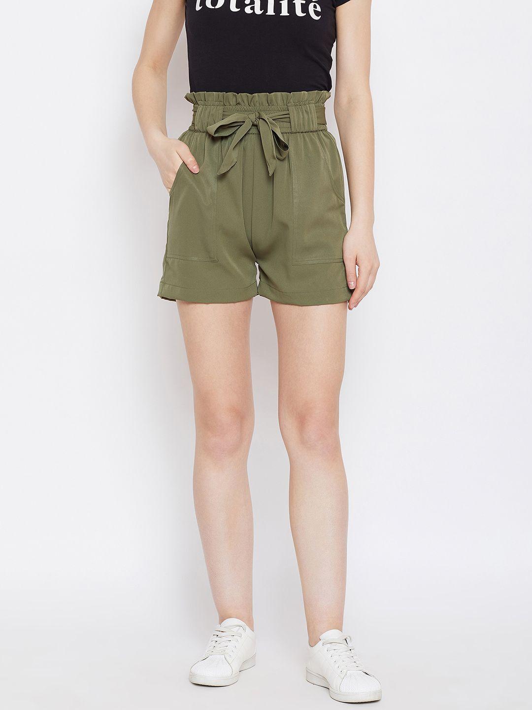 panit women olive green solid loose fit regular shorts