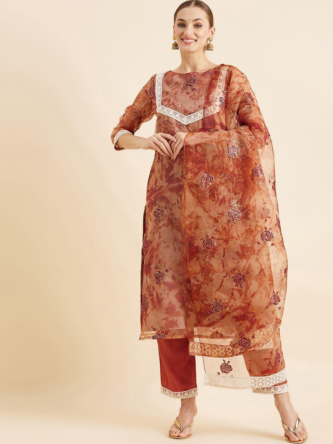 panit women orange floral embroidered regular sequinned kurta with palazzos & with dupatta