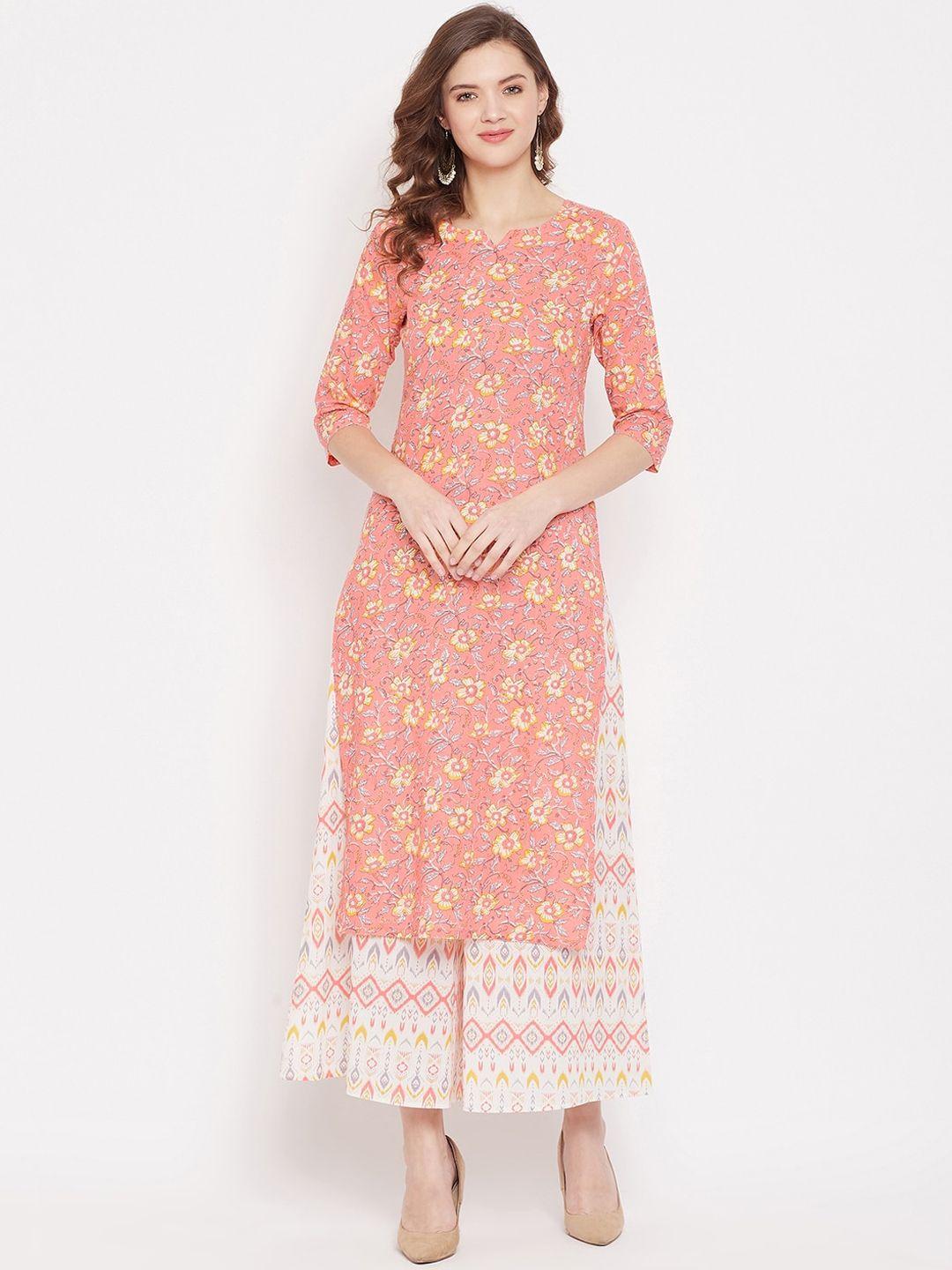 panit women peach-coloured floral printed cotton floral kurta