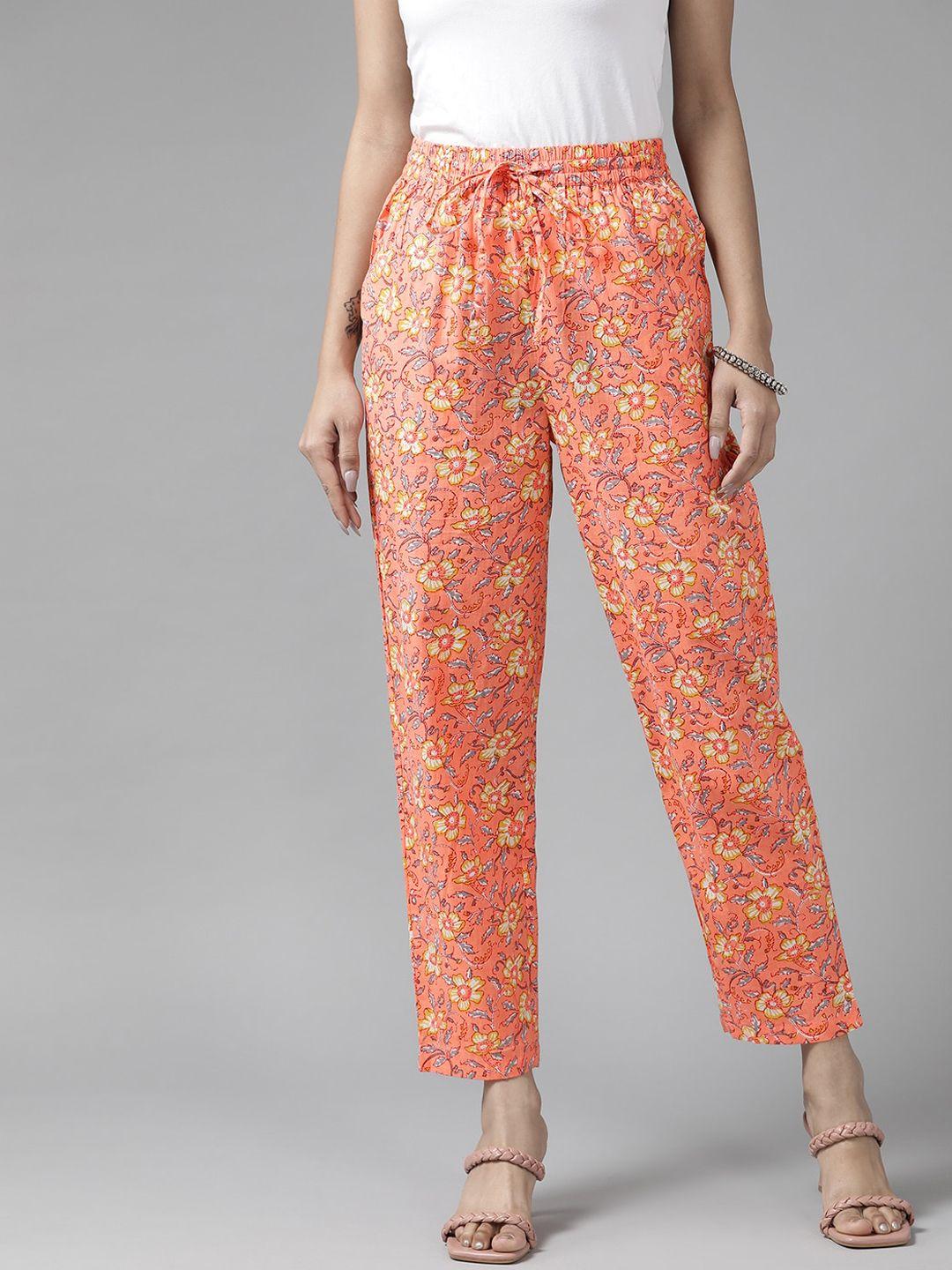 panit women peach ethnic floral printed comfort fit easy wash trousers