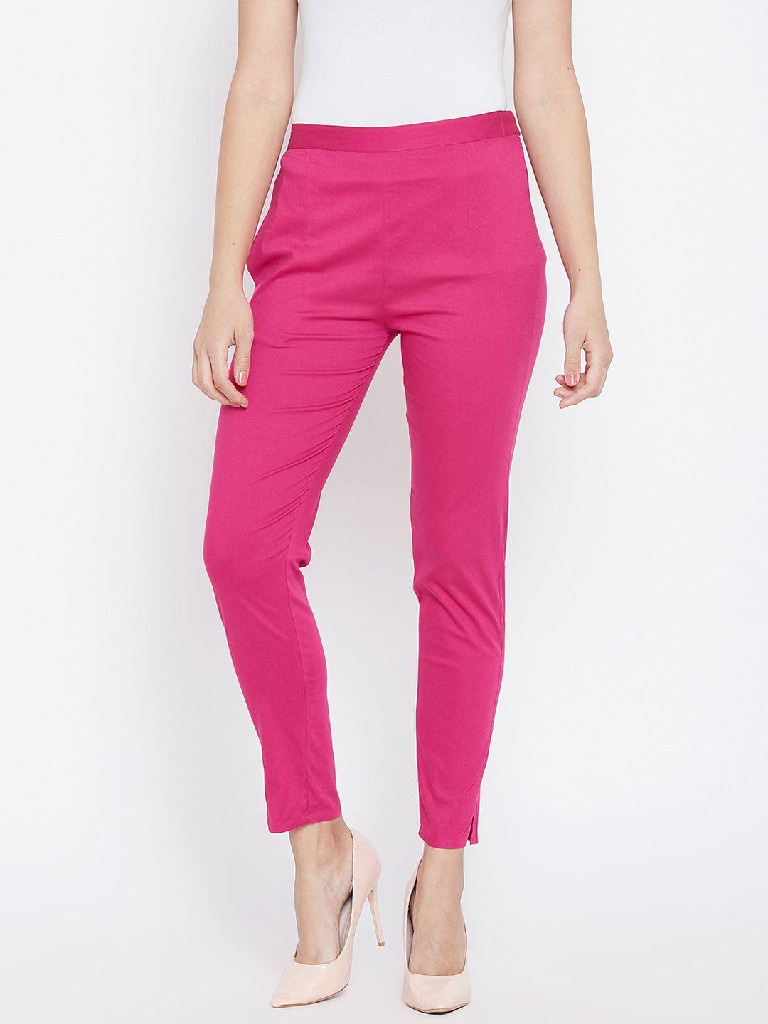 panit women pink smart slim fit solid cigarette trousers