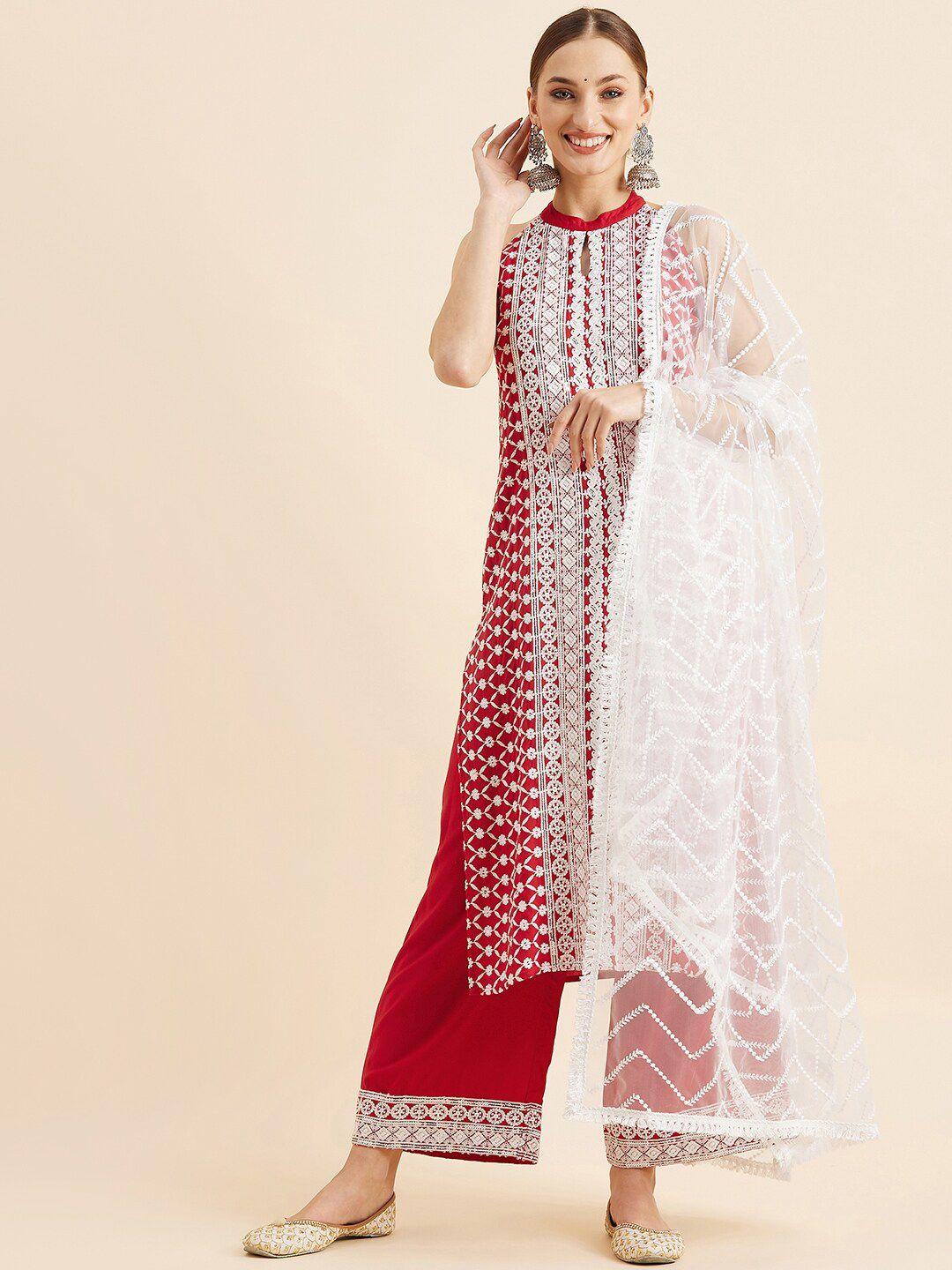 panit women red ethnic motifs embroidered regular thread work kurta with trousers & with dupatta