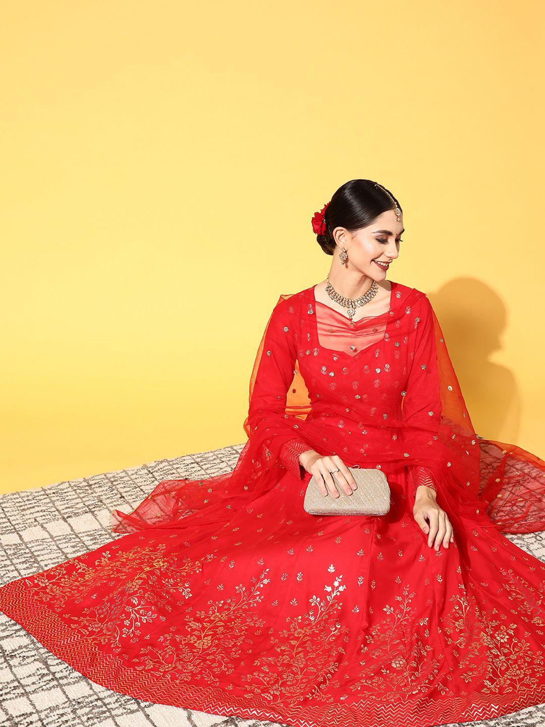 panit women red ethnic motifs swirling volume dress