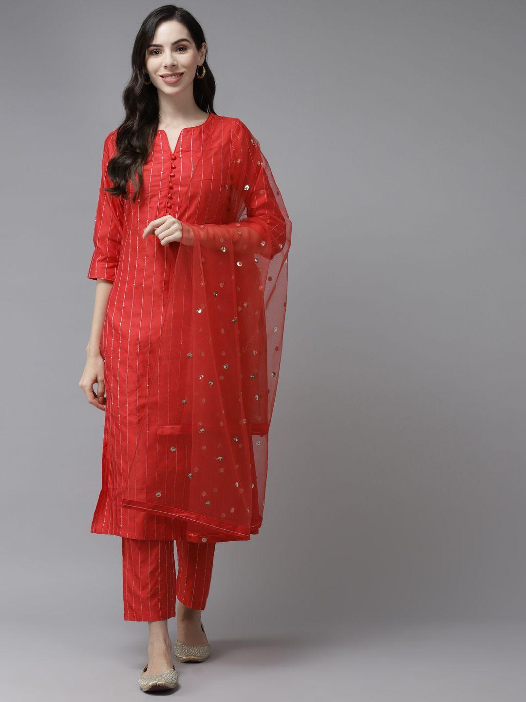 panit women red striped sequinned kurta with trousers &  dupatta
