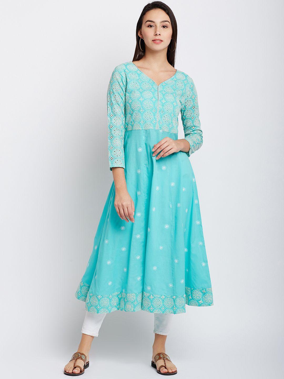 panit women sea green woven design anarkali kurta