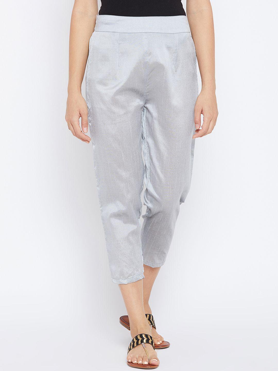 panit women silver-coloured slim fit solid cropped peg trousers