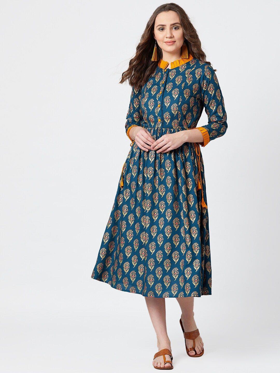 panit women teal blue & golden block ethnic motifs print midi a-line dress with tie-ups