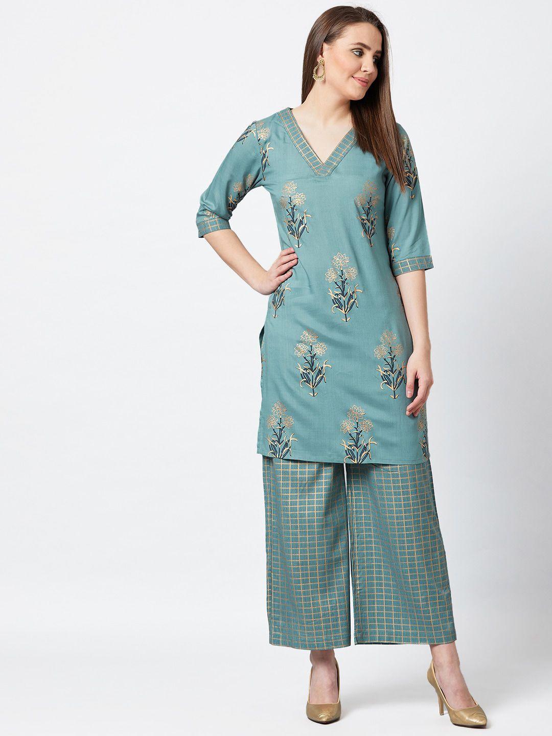 panit women teal ethnic motifs printed regular straight kurti & palazzos