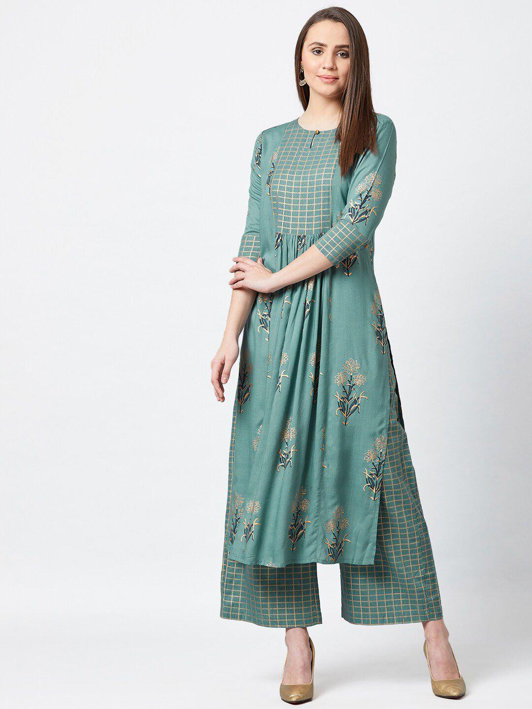 panit women teal floral printed pure cotton kurta with palazzos