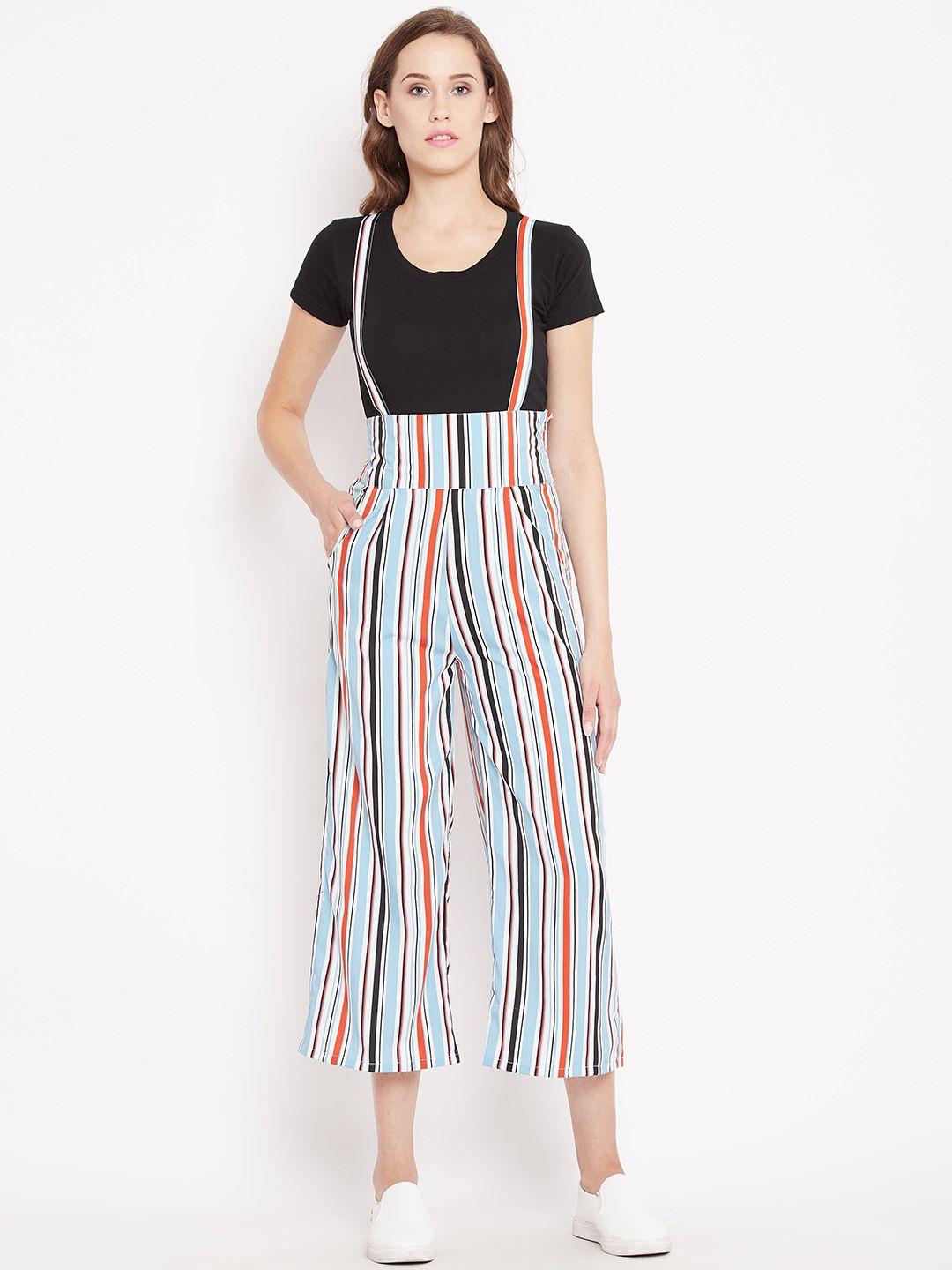 panit women white & blue regular fit striped cropped parallel trousers