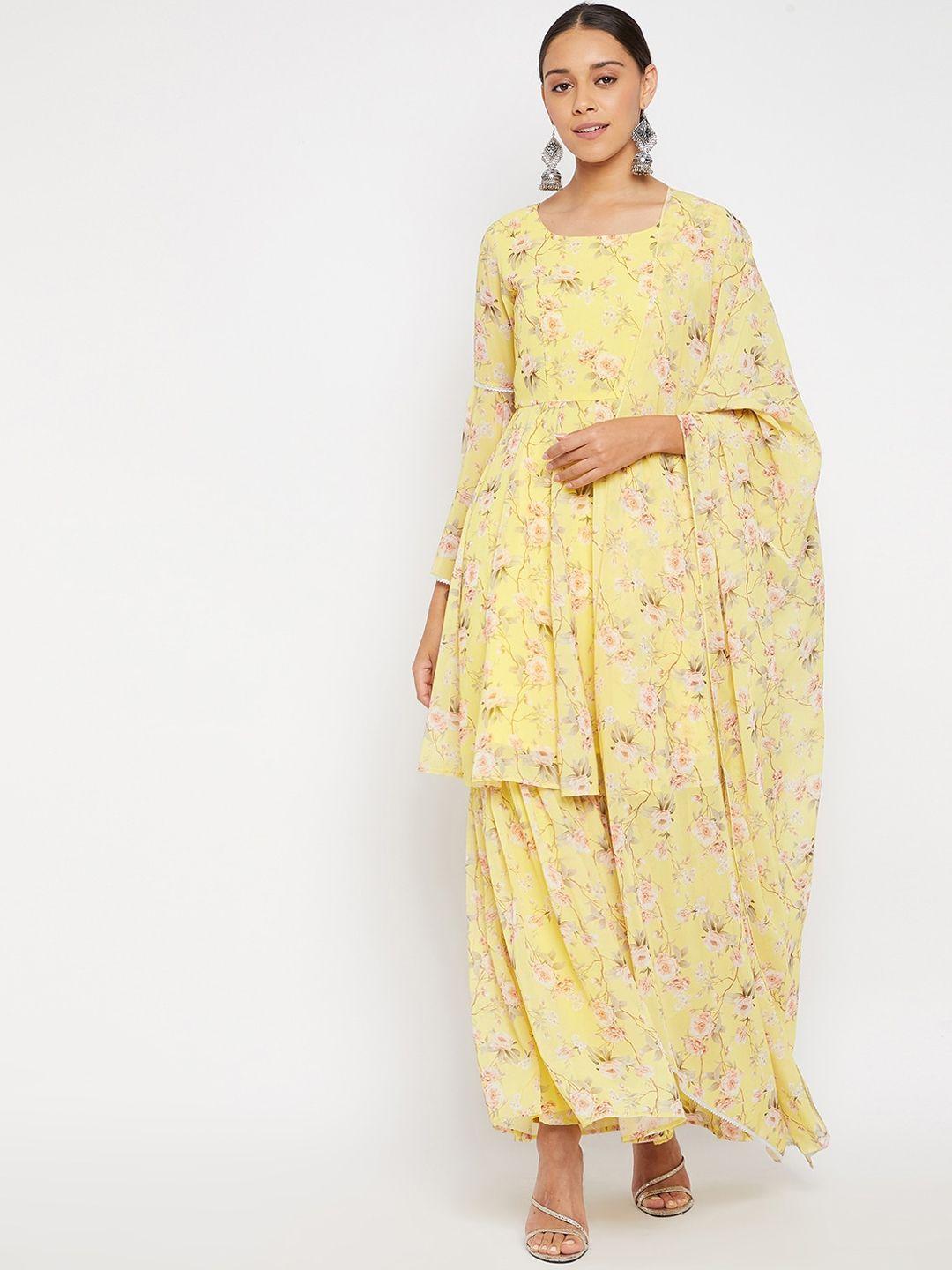 panit women yellow floral printed georgette empire kurta with palazzo & with dupatta